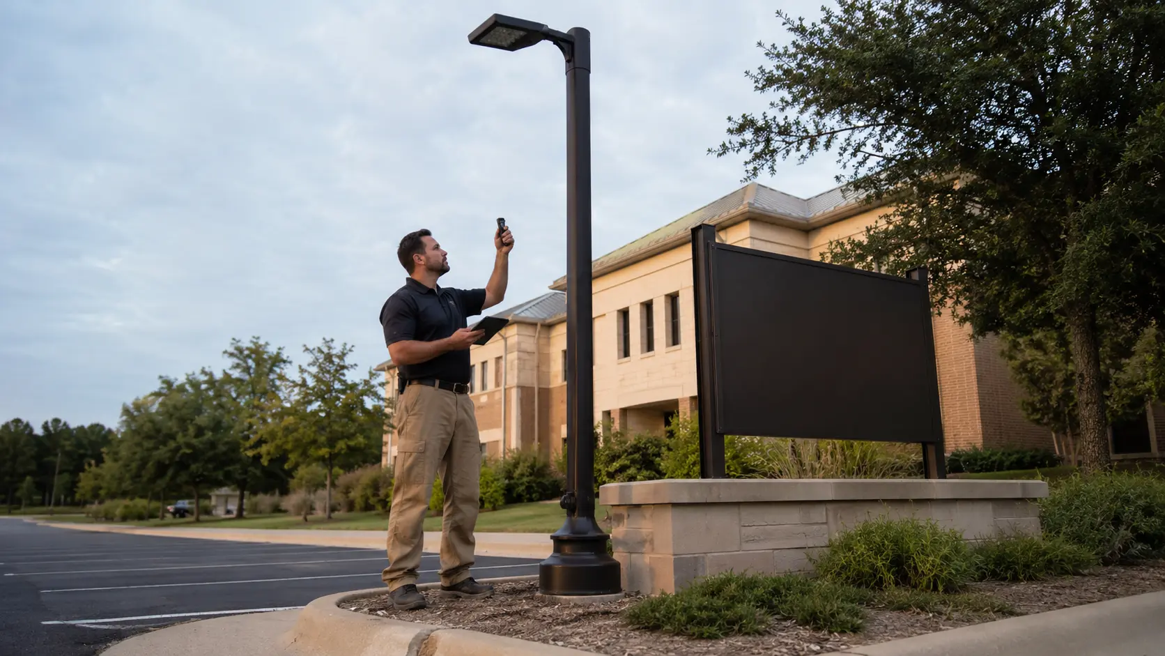 Inspector documenting site lighting and signage